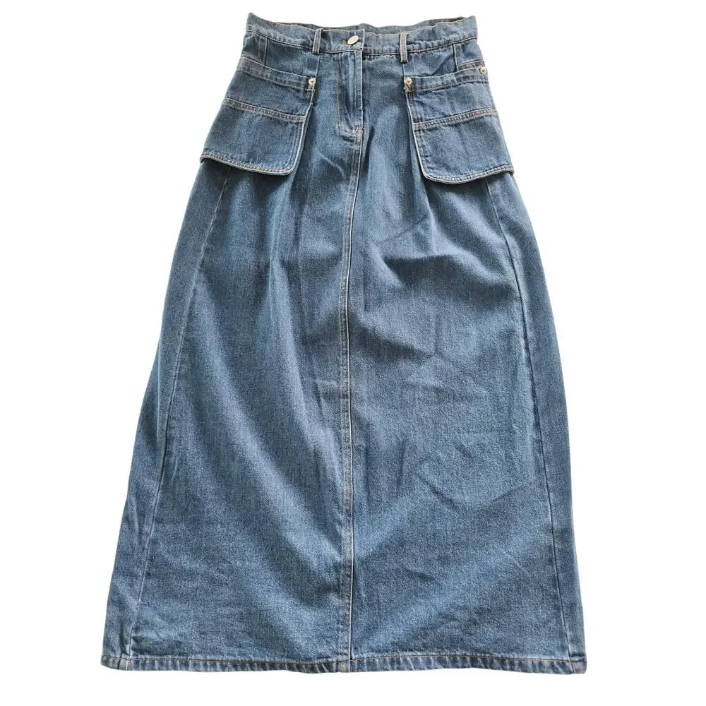 Gracia Denim Midi Skirt High Waist Utility Pockets Blue Size: S NWT
